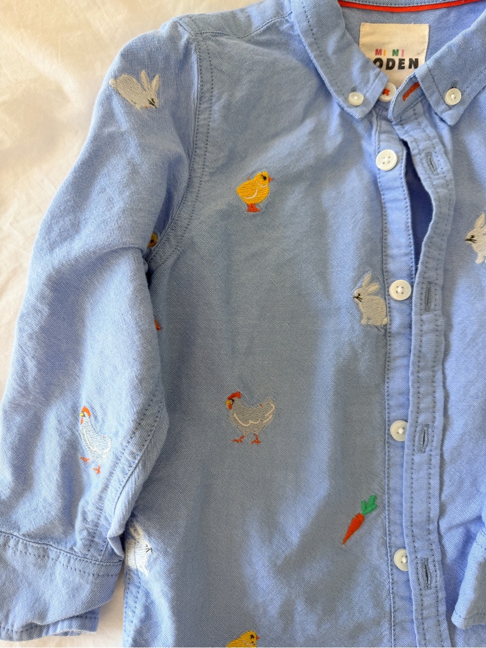 Mini Boden Light Blue Embroidered Farm Animal Button-Down Shirt
